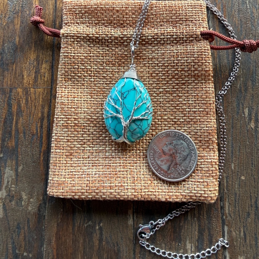 Brand New Wire-Wrapped Imitation Turquoise Drop Necklace Crystal Drop Necklace - Picture 2 of 2